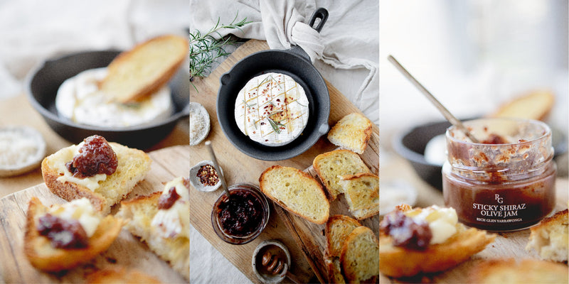 Warm baked Camembert with Sticky Shiraz Olive Jam
