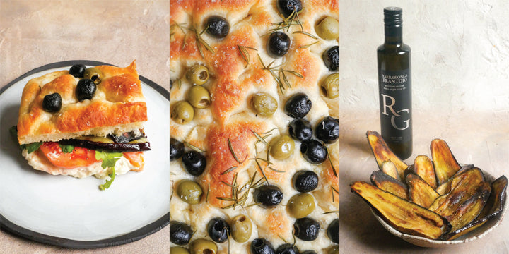 Olive Focaccia Sandwich with Crispy Eggplant Chips & Roasted Capsicum Dip