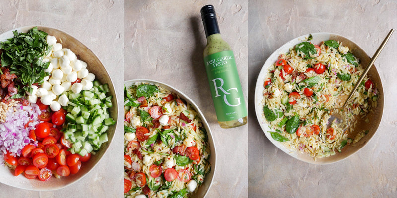 Orzo Pasta Salad with garlic chips