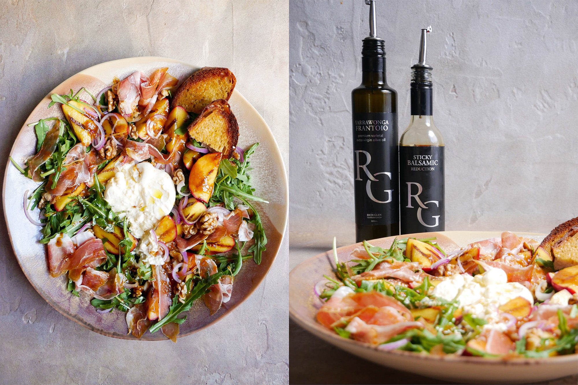 Peach Salad with Garlic Confit Balsamic Dressing
