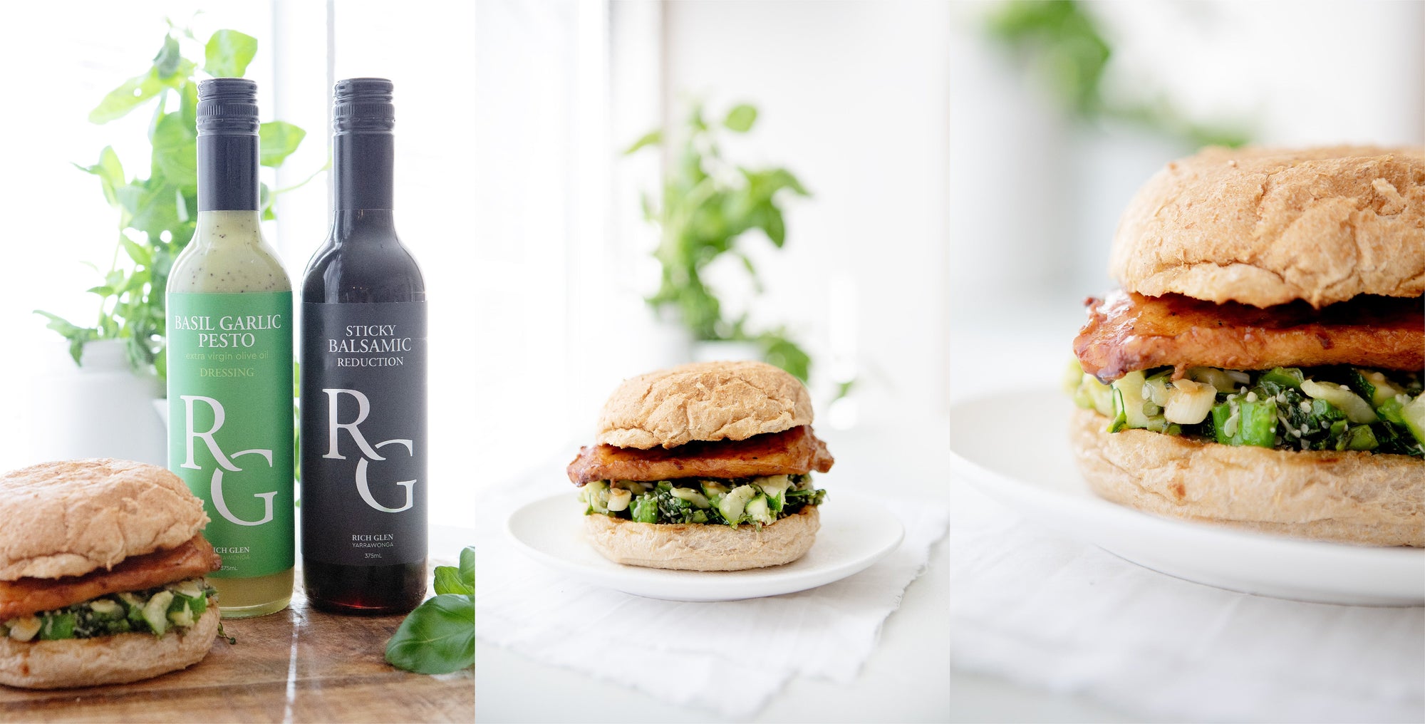 Sticky Balsamic Chicken Burgers with loaded greens