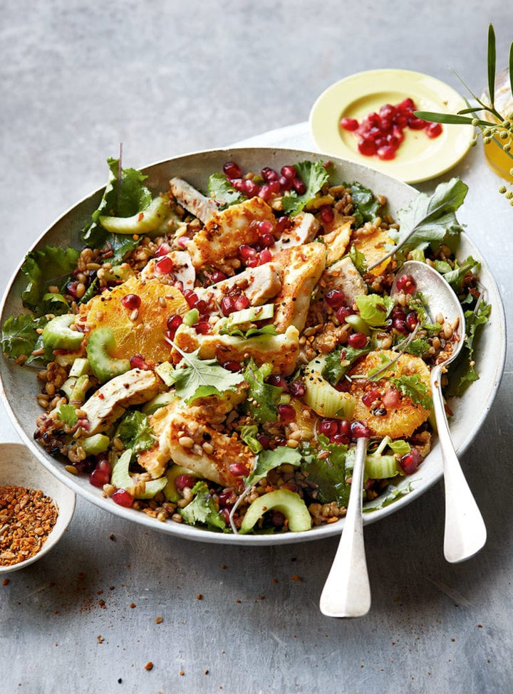 Chicken, Blood Orange, Pomegranate & Haloumi Salad