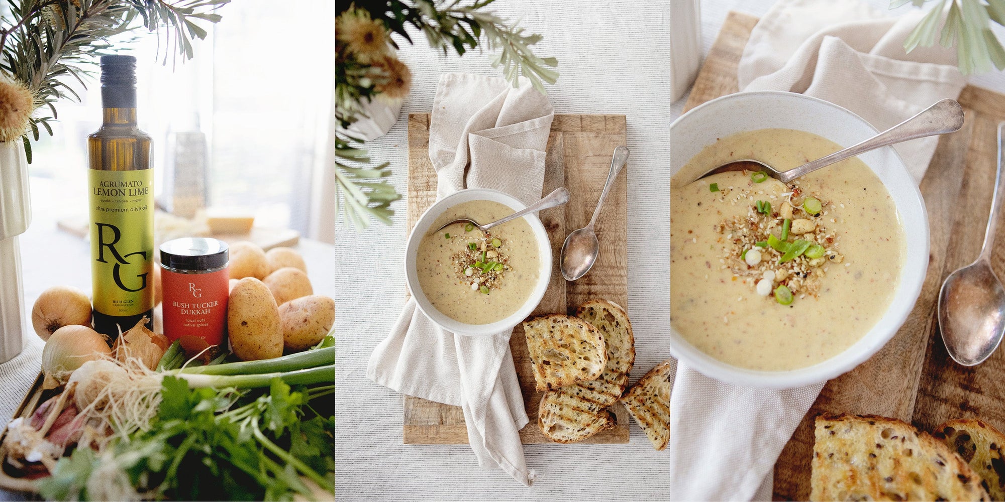 Cheesy Potato & Bacon Soup with Dukkah and lemon lime olive oil