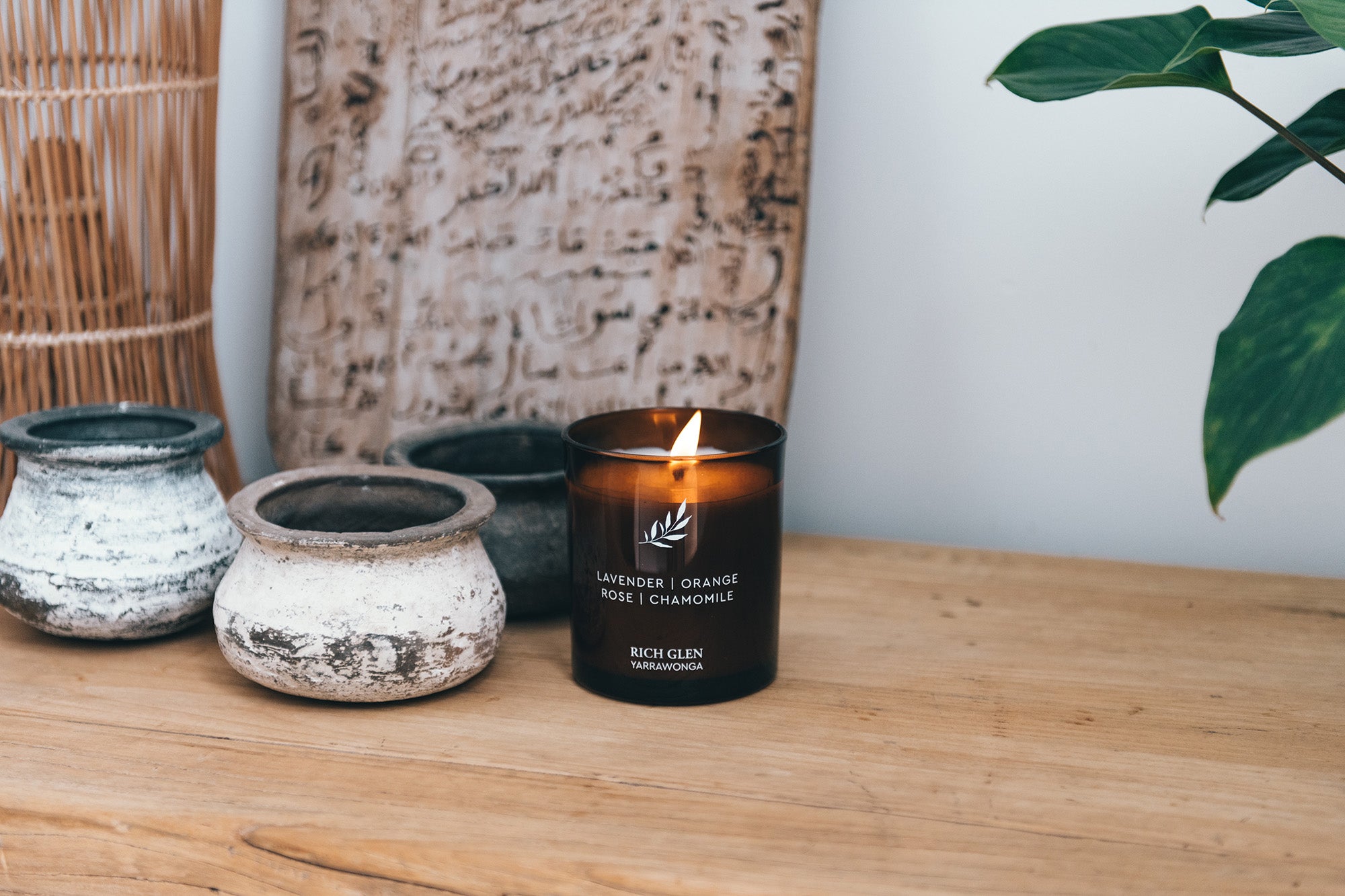 Rich Glen's olive oil candles on bench