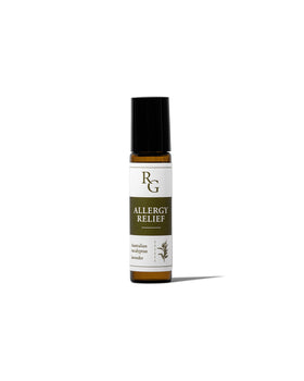 A small bottle of Rich Glen 'Allergy Relief' with a green and white colour scheme and depicting eucalyptus leaves.